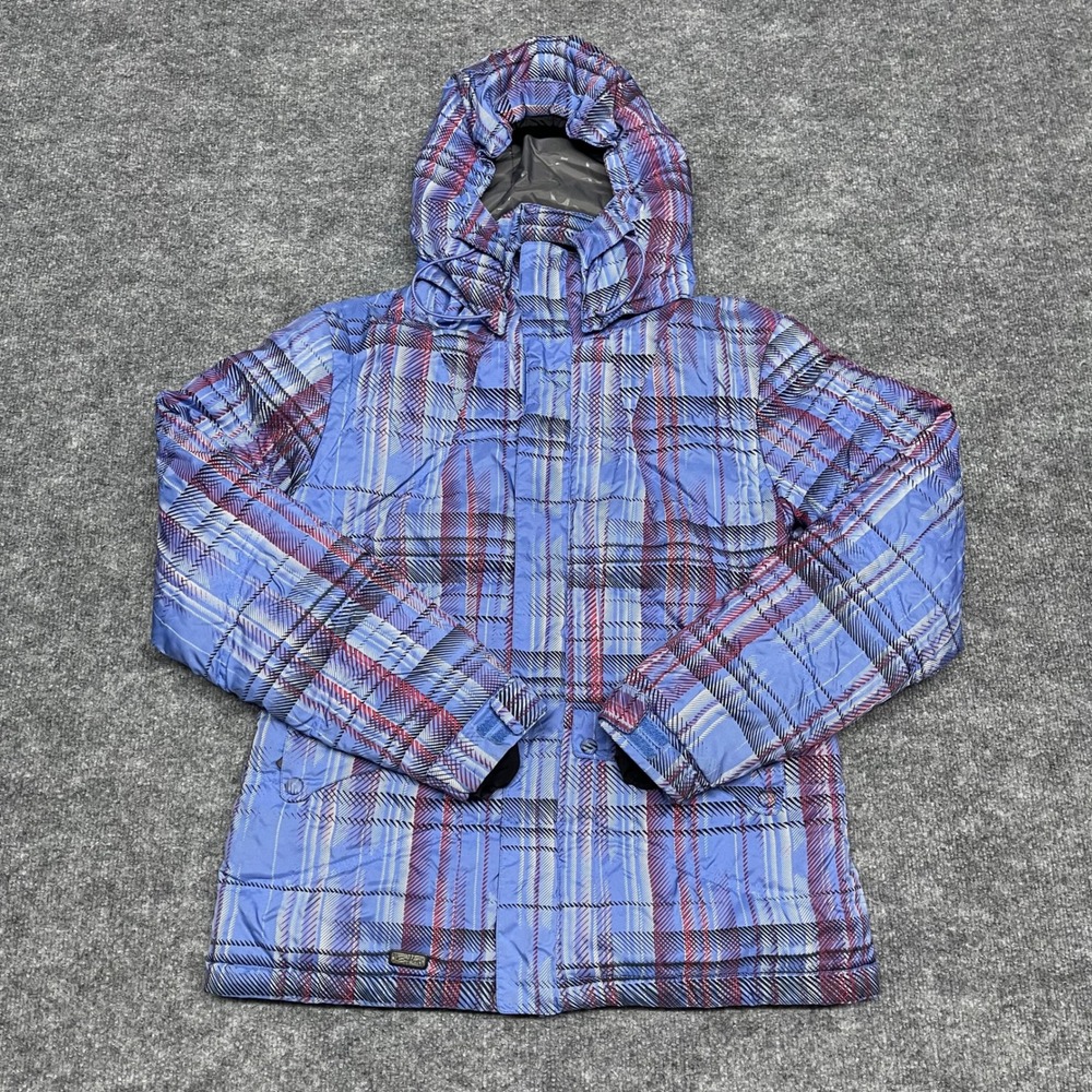 Oakley Jacket Womens MEdium Blue Plaid Down Puffer Ski Snowboard Hooded Quilted